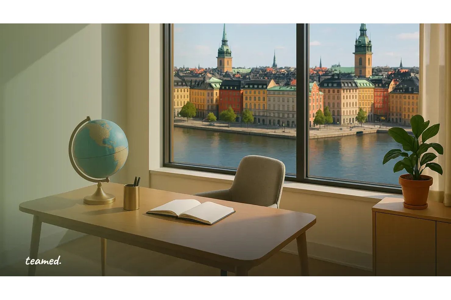 Desk with globe and open notebook overlooking Stockholm waterfront cityscape.