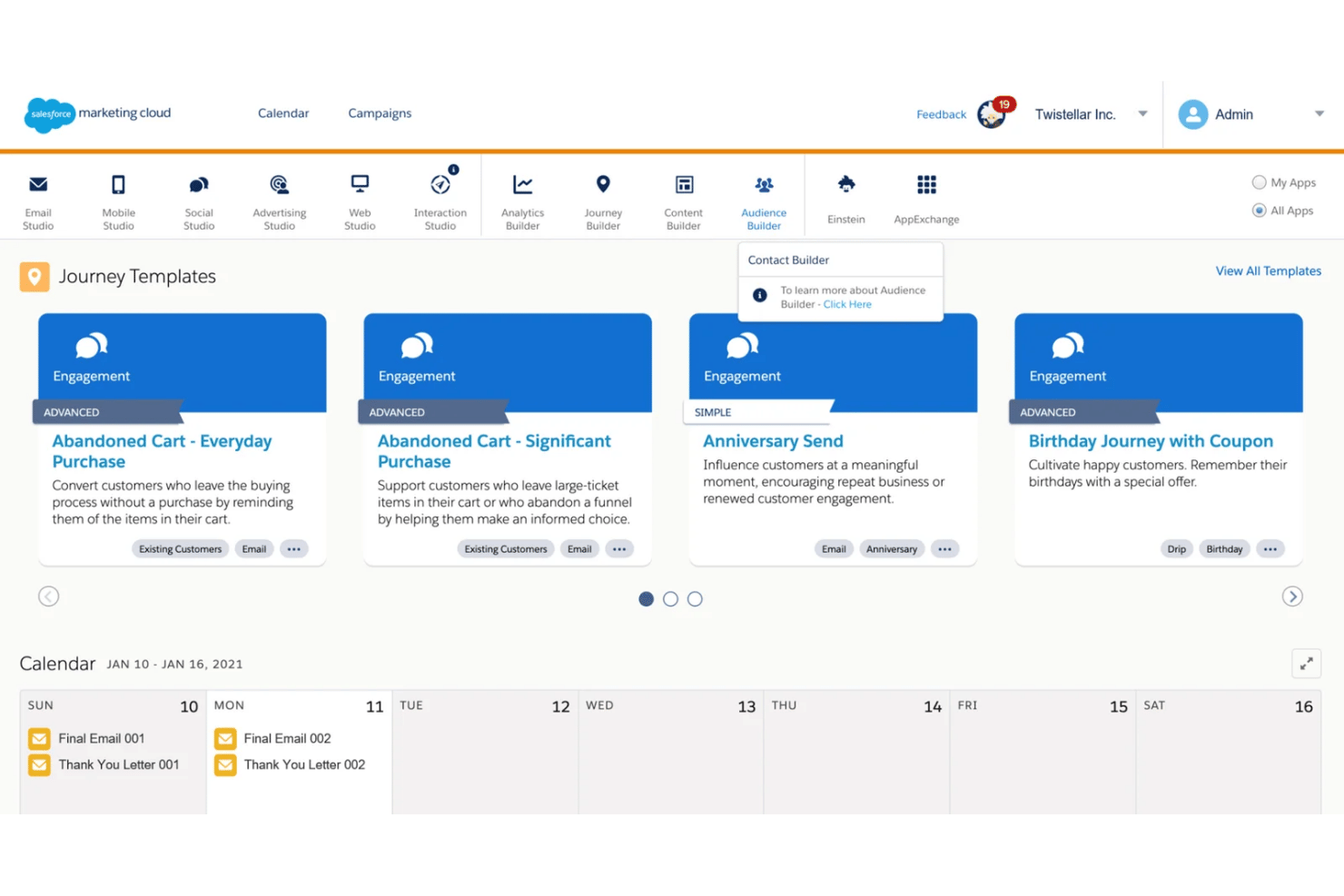 Dashboard di Salesforce Marketing Cloud con modelli di percorso e visualizzazione del calendario settimanale.