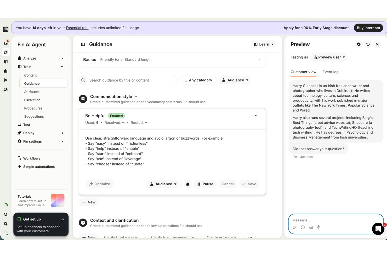 Pannello delle indicazioni dell'agente IA Fin di Intercom che mostra le regole sullo stile di comunicazione e un'anteprima della chat.