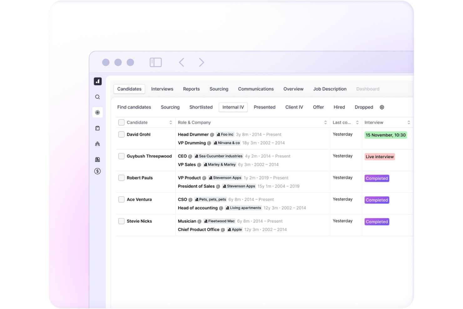 Atlas ATS candidate list showing interview stages, roles, and statuses.