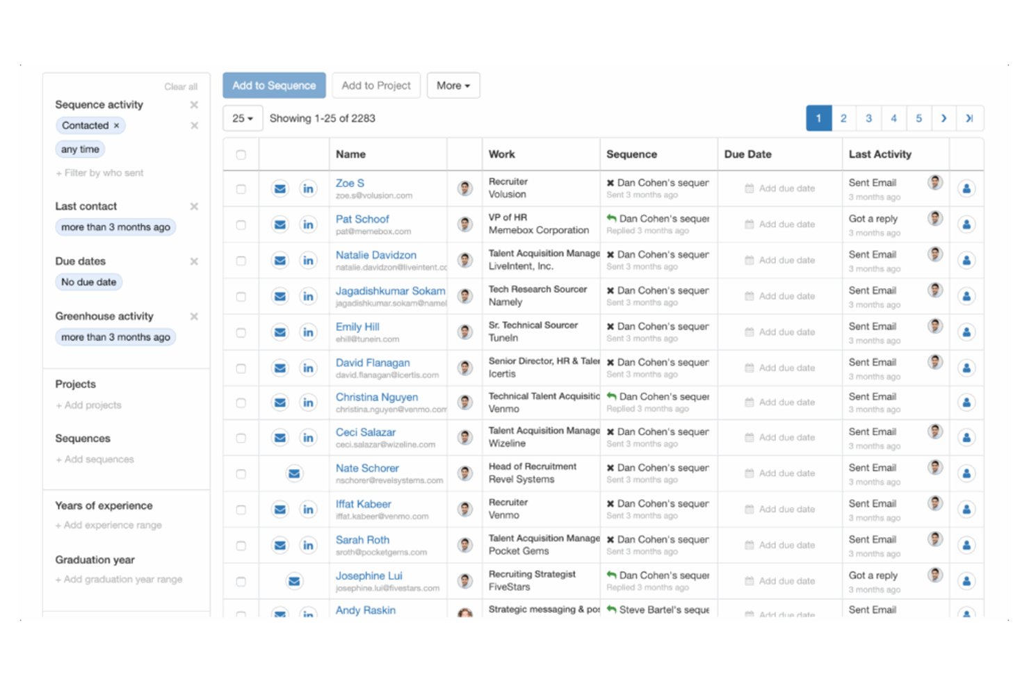 Atlas recruiting dashboard showing candidate list with sequence status and last activity columns.