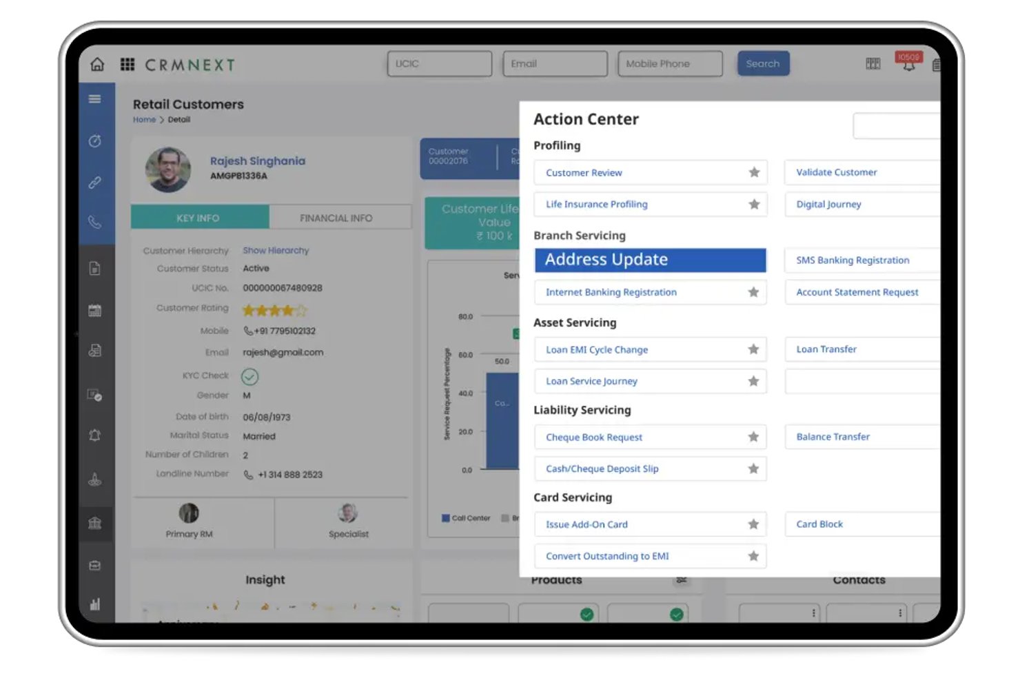 CRMNEXT retail customer profile with Action Center panel showing banking service options.