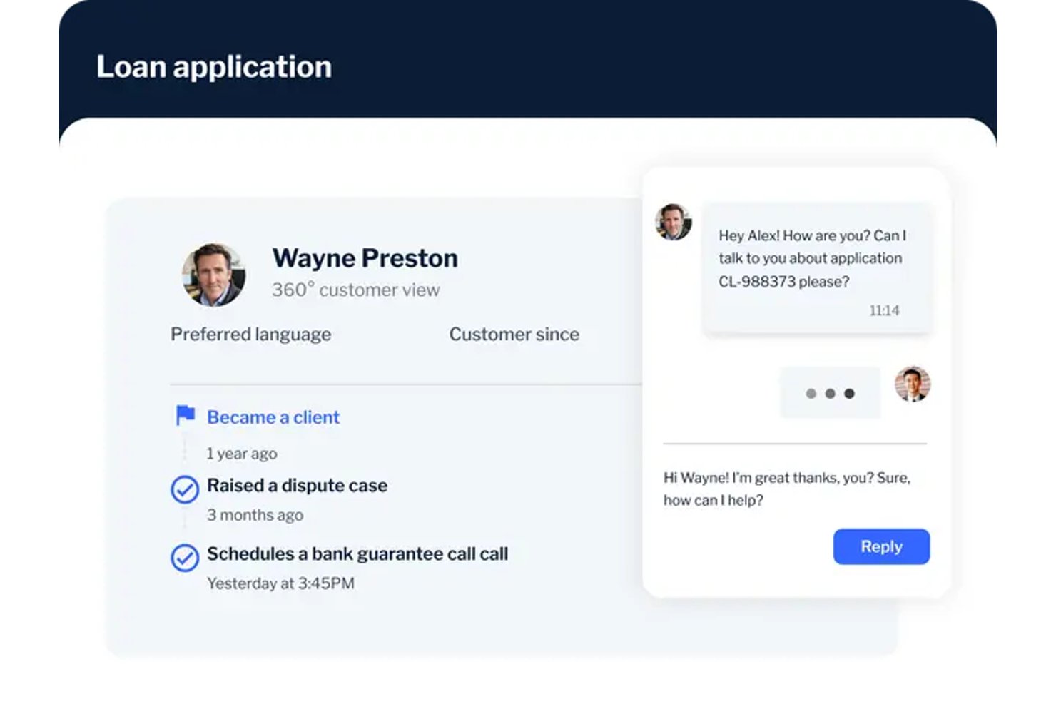 Loan application UI showing customer profile, activity timeline, and live chat window.