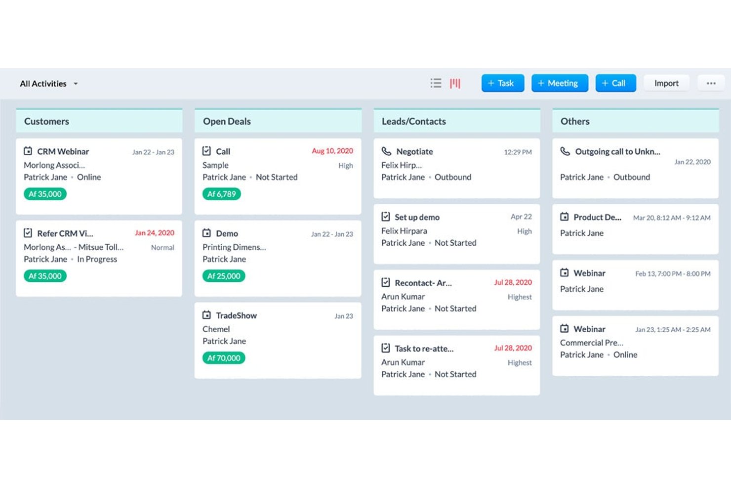 Bacheca kanban per la gestione delle attività di Zoho CRM con quattro colonne categorizzate e schede attività.