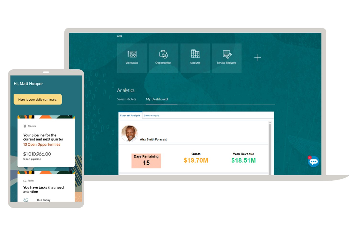 Dashboard di Oracle CX che mostra previsioni di vendita, quota e pipeline su dispositivi desktop e mobili.