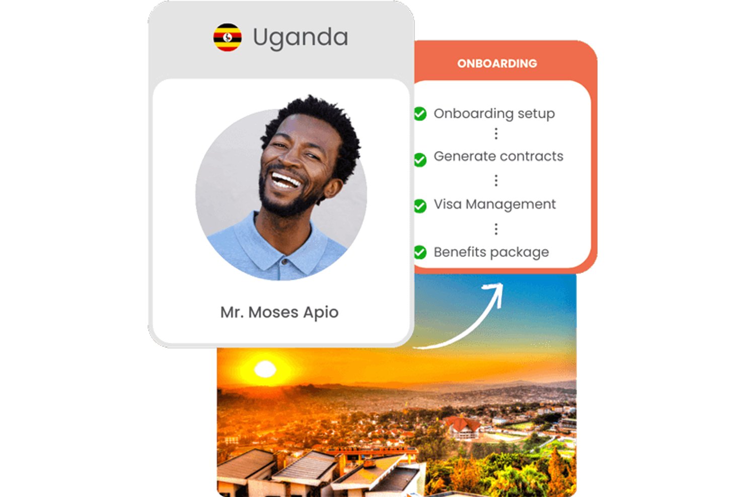 Profile card of Moses Apio from Uganda with onboarding checklist panel.
