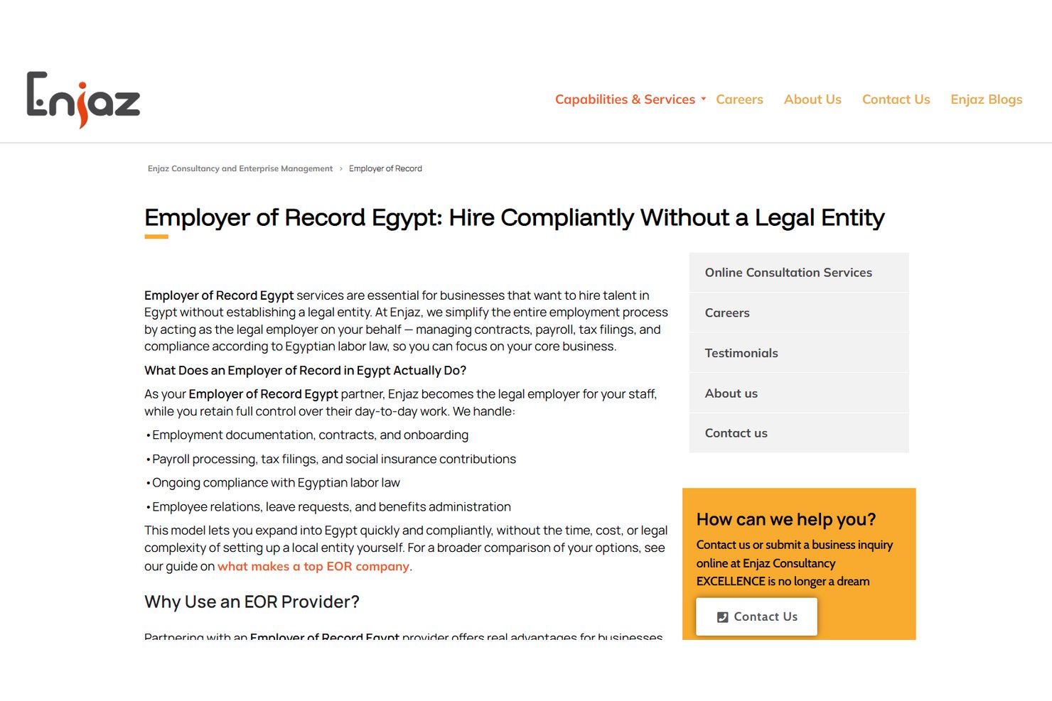 Page web d'Enjaz présentant les services et fonctionnalités d'employeur de référence en Égypte.