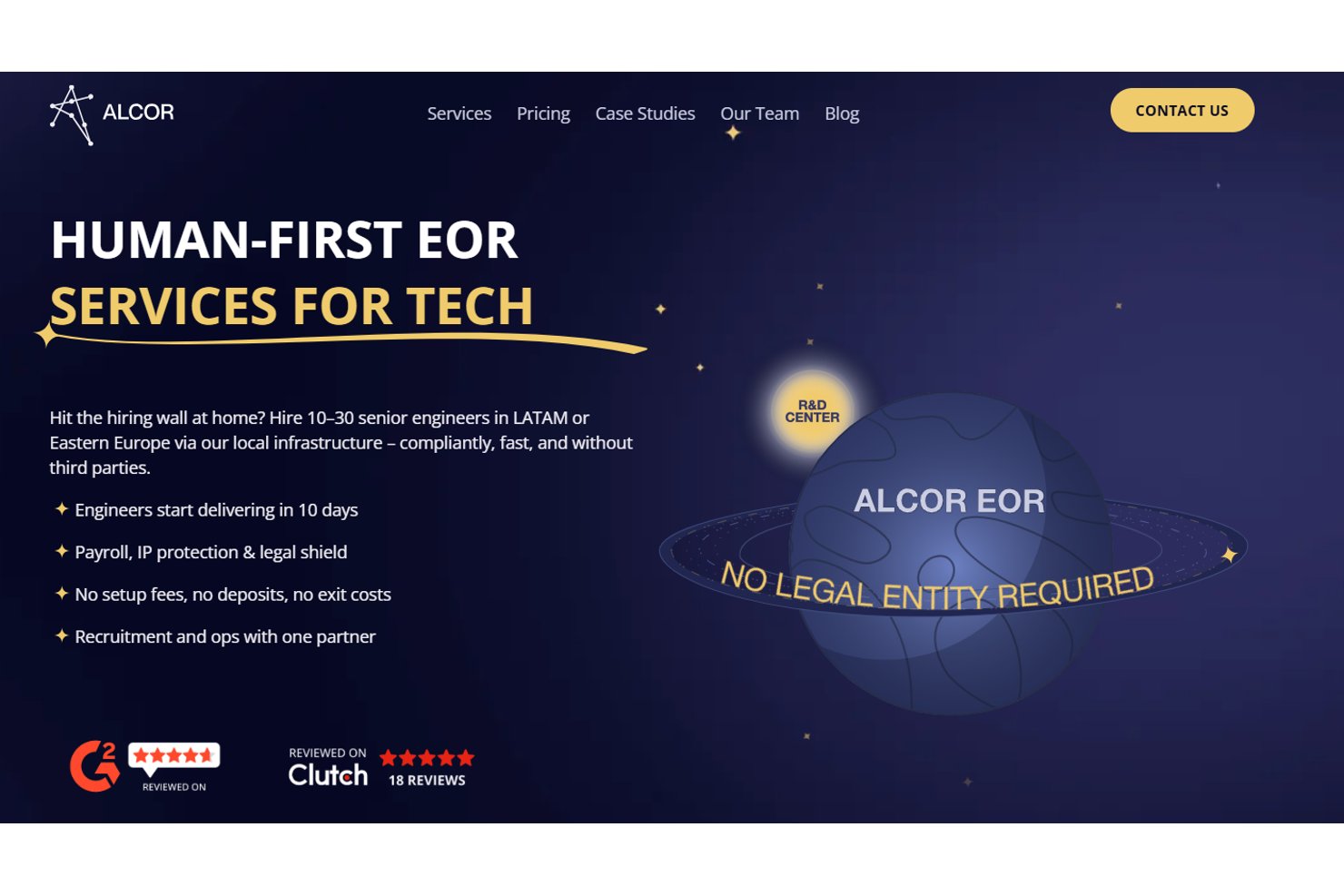 Alcor homepage promoting human-first EOR services for tech hiring in LATAM and Eastern Europe.