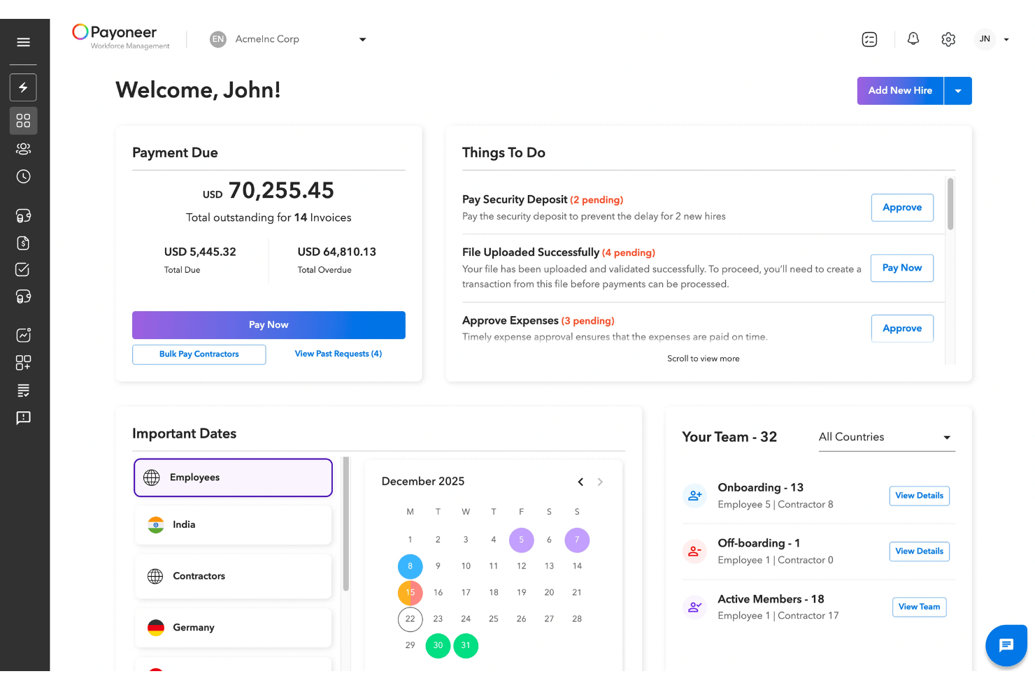 Panel Payoneer Workforce Management przedstawiający należne płatności, przegląd zespołu i kalendarz.