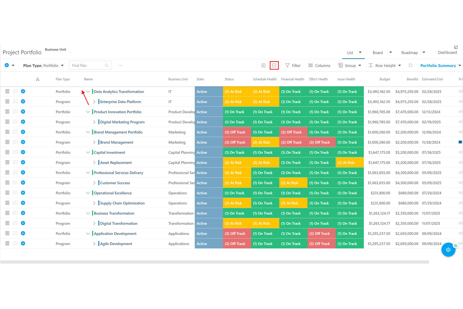 OnePlan project portfolio list view showing health status and budget columns for multiple programs.