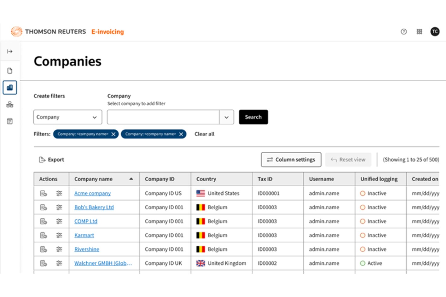 ONESOURCE Companies dashboard listing firms by country, tax ID, and status.