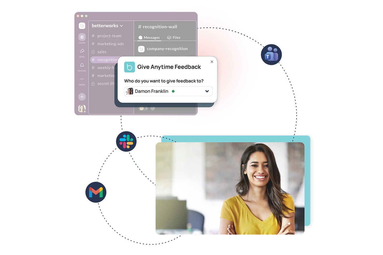Betterworks feedbackfönster som visar val av mottagare och integration med Slack och Teams.