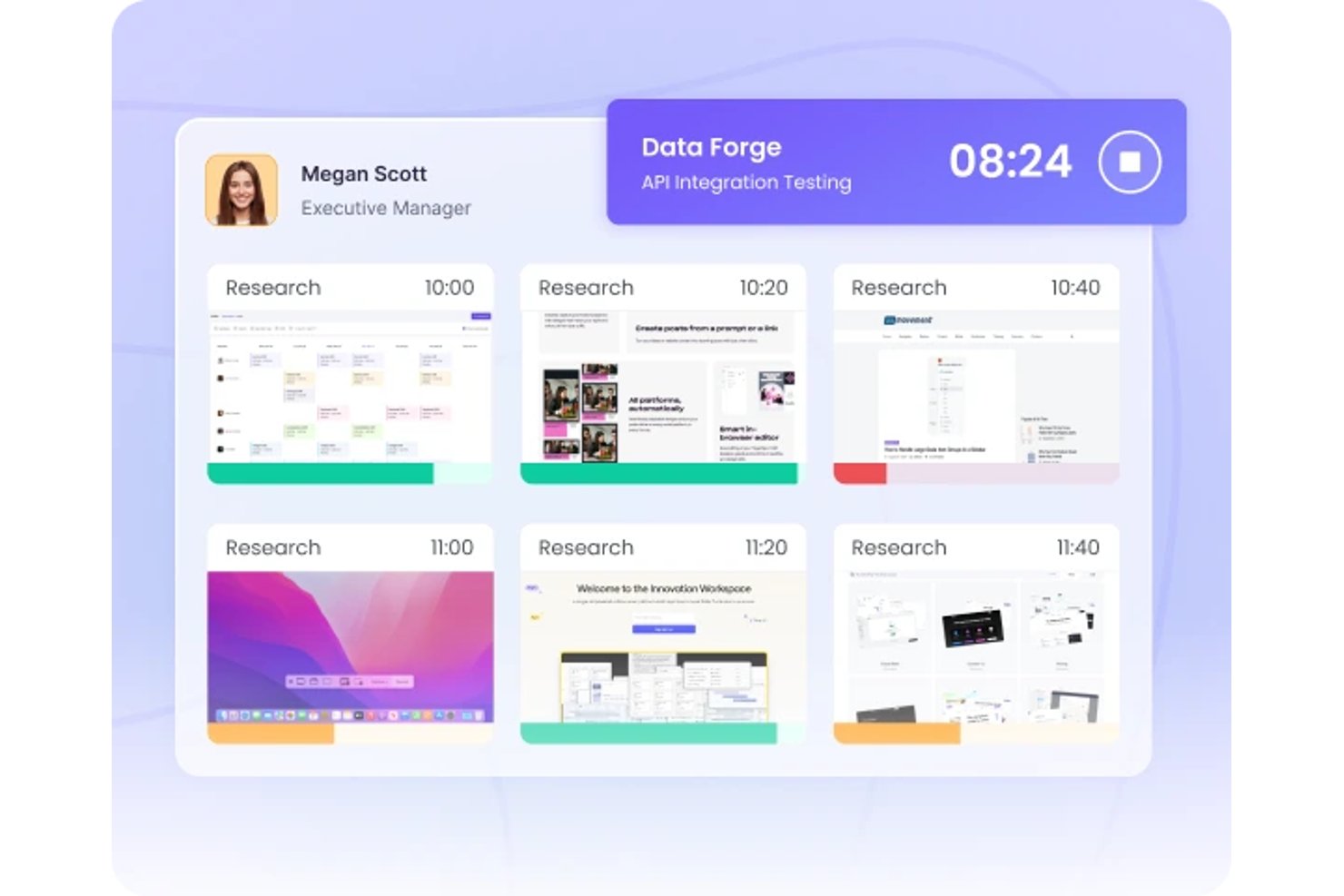 WebWork Time Tracker-instrumentpanel, der viser seks tidsindstillede forskningsskærmbilleder i et gitter.