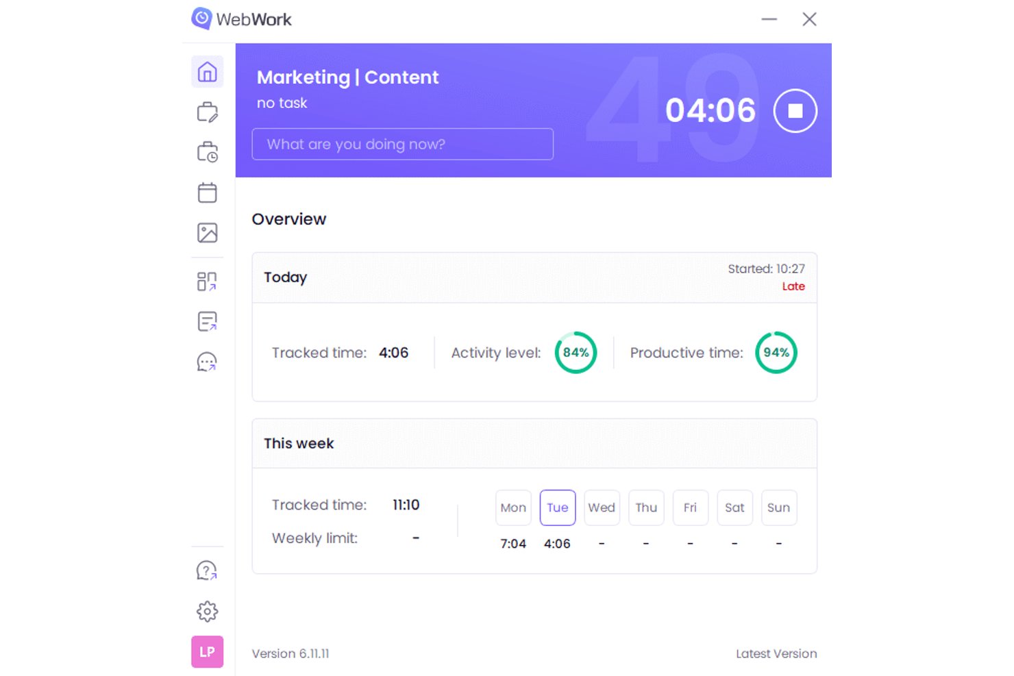 WebWork Time Tracker-computerappen viser 4:06 registreret tid, 84 % aktivitet og 94 % produktiv tid.