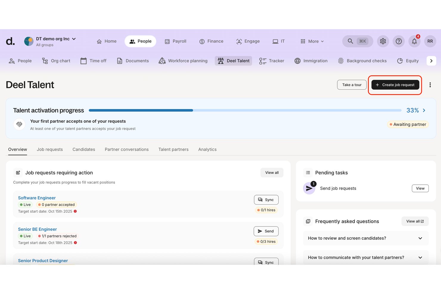 Deel Talent dashboard showing job requests overview with hiring progress and pending tasks.