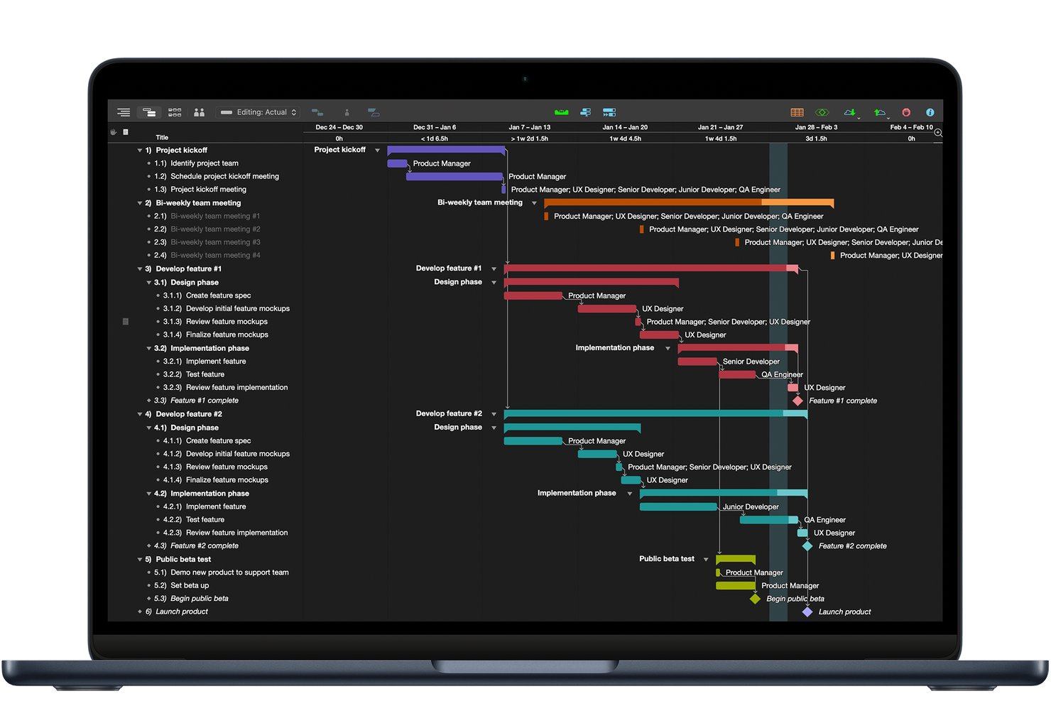 OmniPlan Gantt chart showing project tasks, phases, and team assignments on a dark UI.