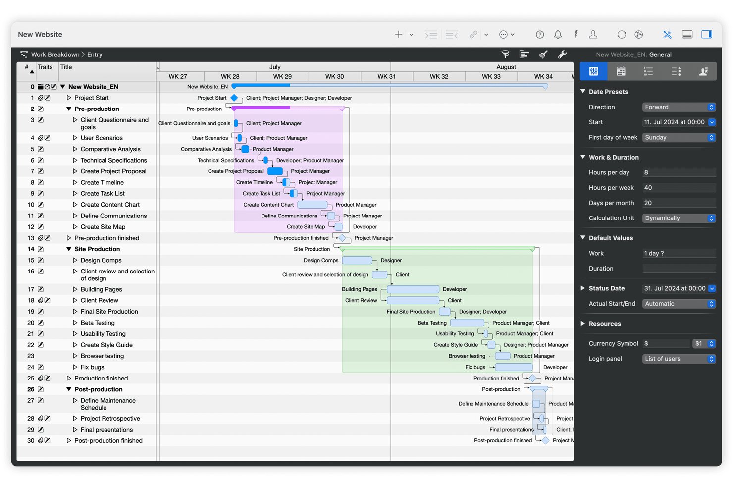 Merlin Project Gantt chart showing tasks, timelines, and resource assignments across July–August.