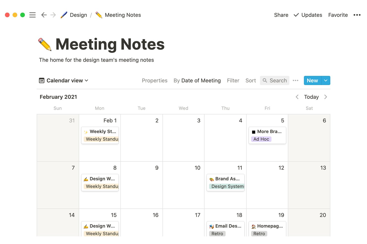 Notion calendar view showing February 2021 meeting notes by date.