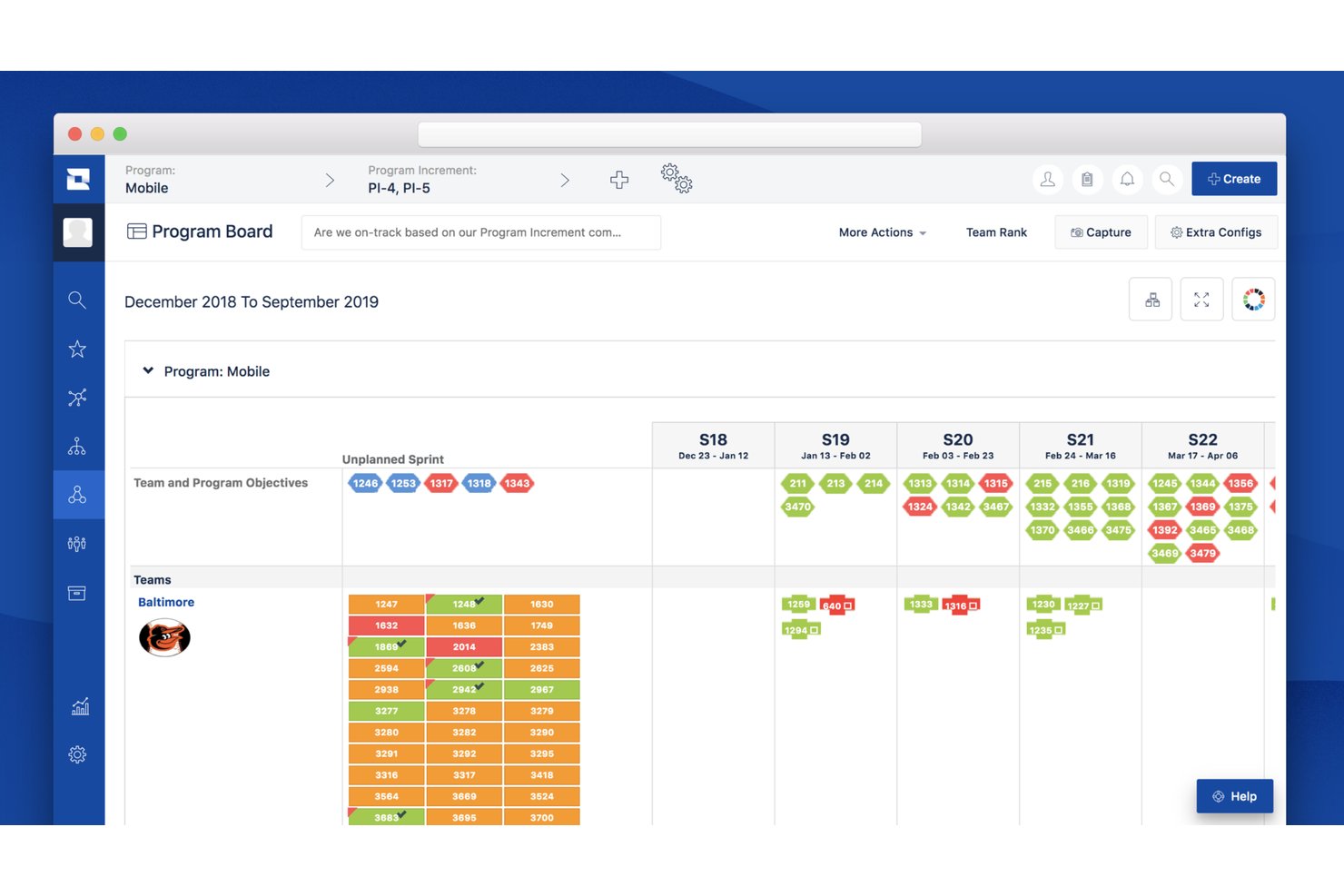 Jira Alignin ohjelmataulu, jossa näkyy sprinttisarakkeita ja värikoodattuja tehtäväkortteja eri tiimeille.