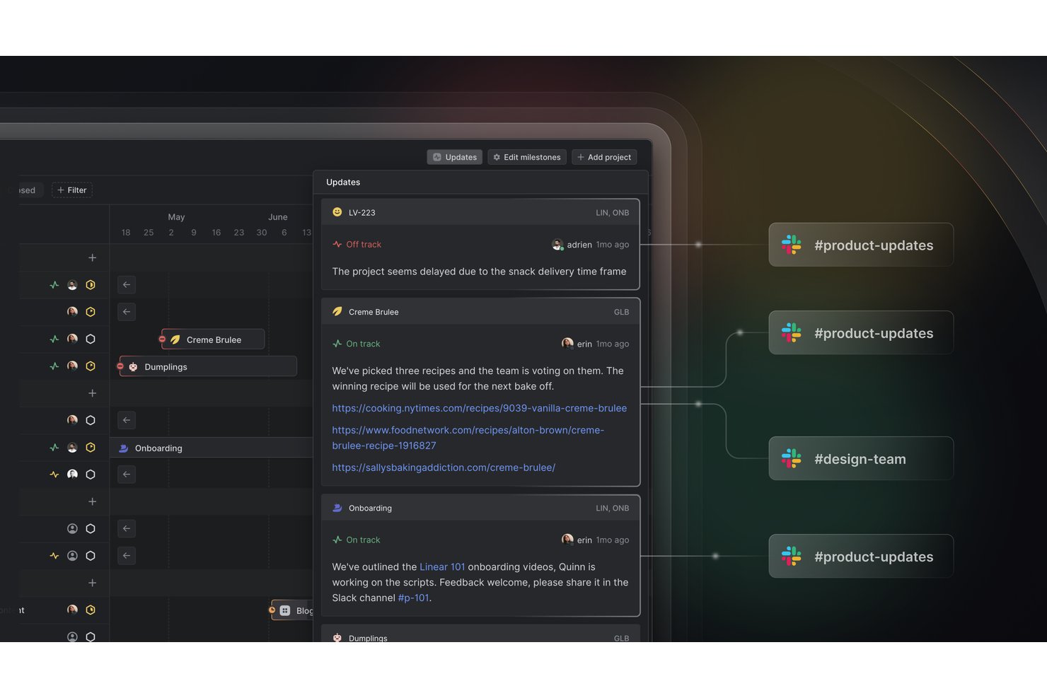 Linears panel med projektopdateringer, der viser statuskort forbundet med Slack-kanaler.
