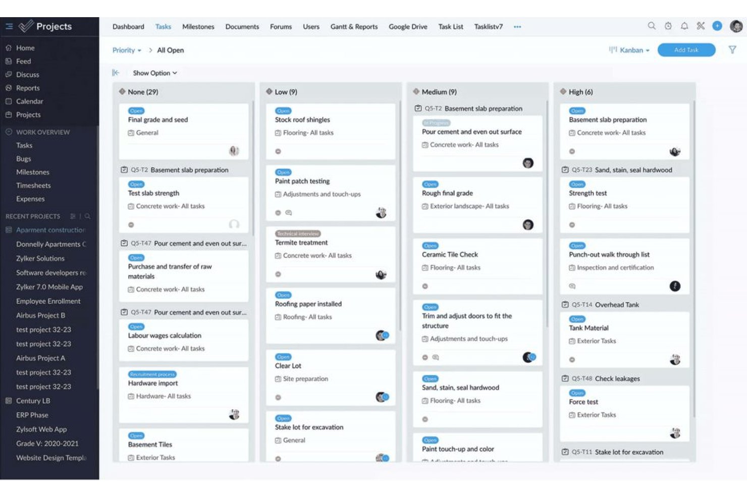 Kanban board showing tasks grouped by priority: None, Low, Medium, High.