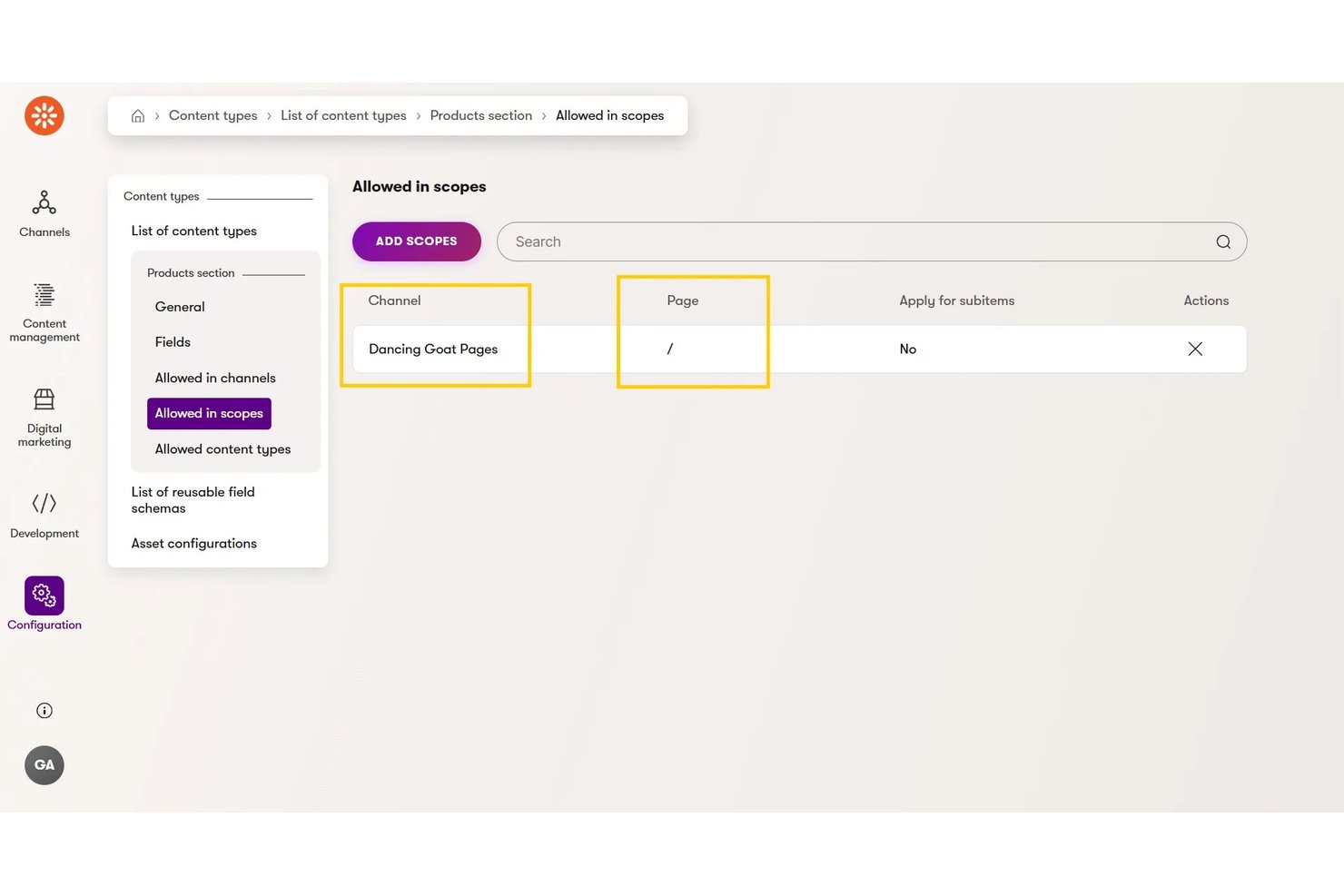 Indstillinger for tilladte omfang i Kentico Xperience, der viser kanalposten Dancing Goat Pages.
