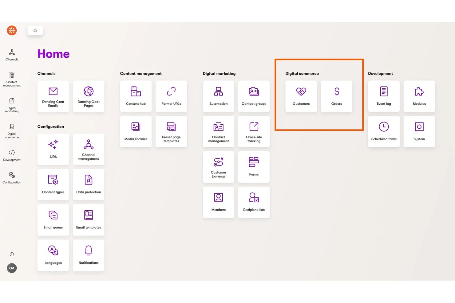 Kentico Xperience admin home screen with Digital Commerce section highlighted in orange.