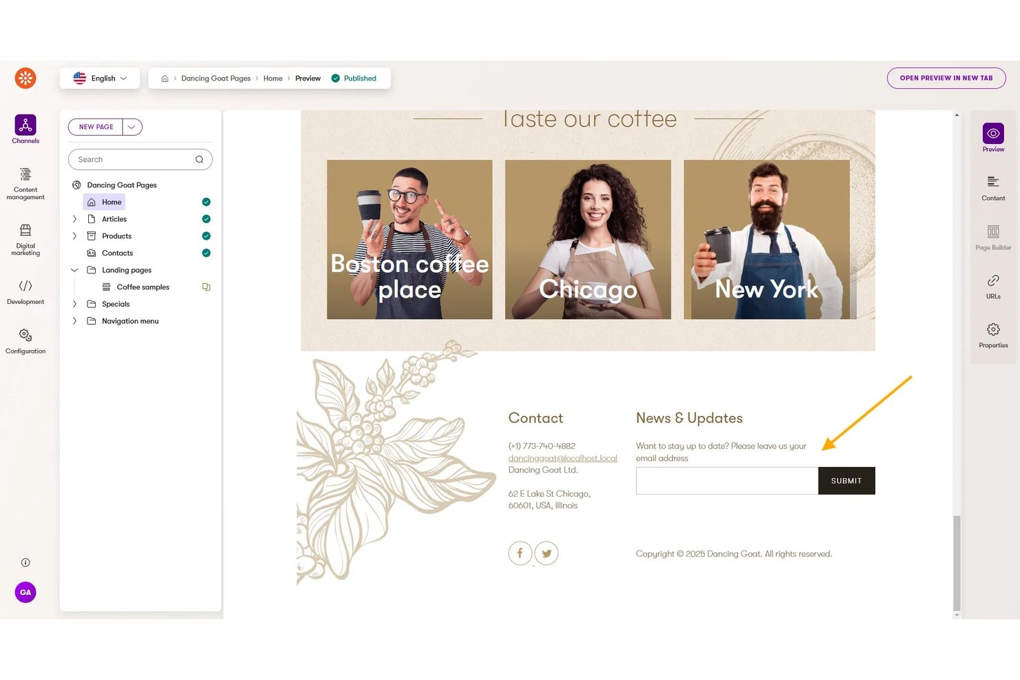 Kentico Xperience page preview showing a coffee shop homepage with navigation and footer.