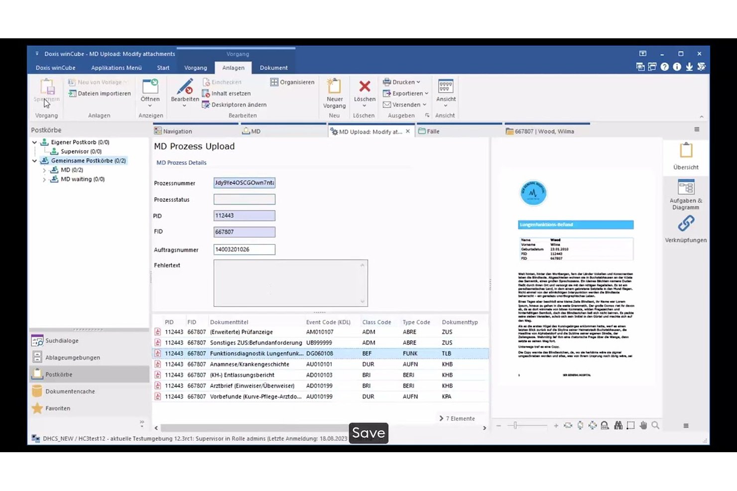 Doxis MD Process Upload form showing document list with metadata fields.