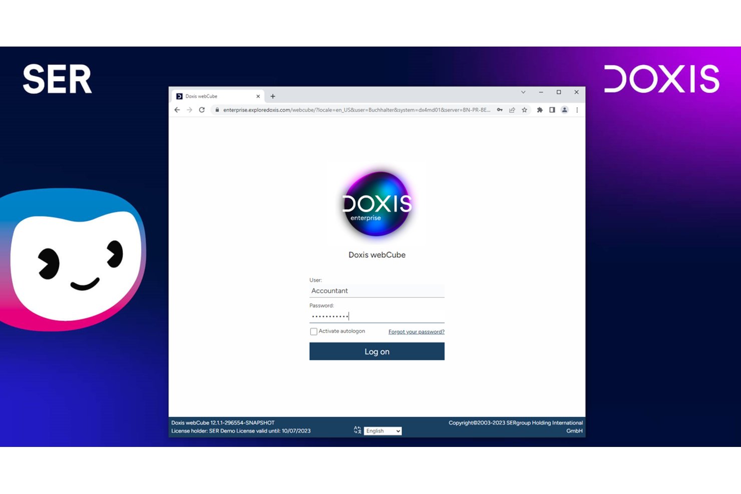 Doxis webCube login screen with user and password fields and log on button.