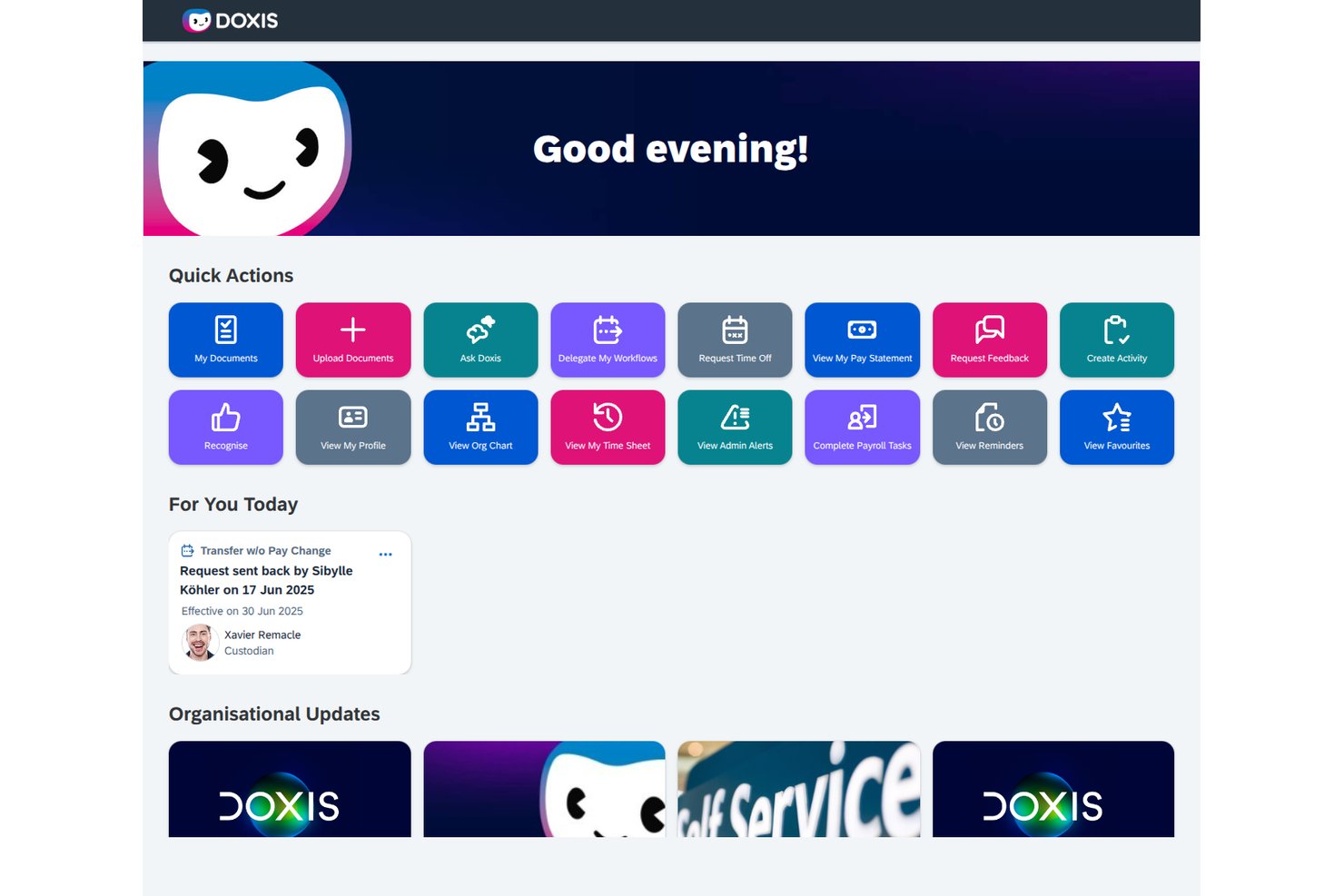 Doxis HR dashboard with quick action buttons and a workflow notification card.