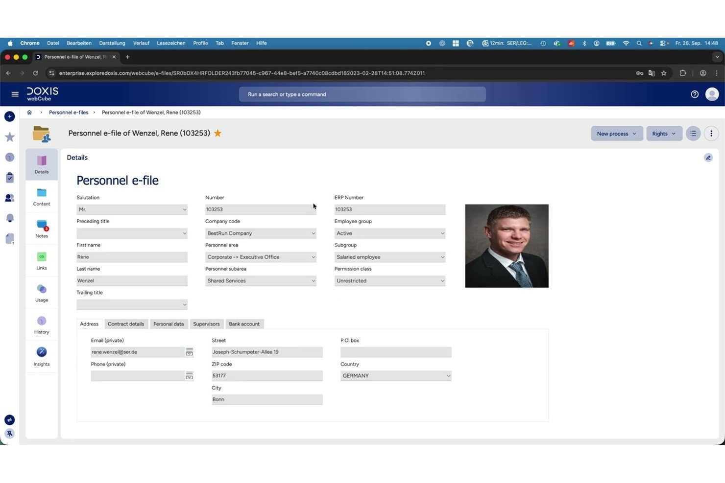 Doxis personnel e-file form showing employee details, address, and photo.