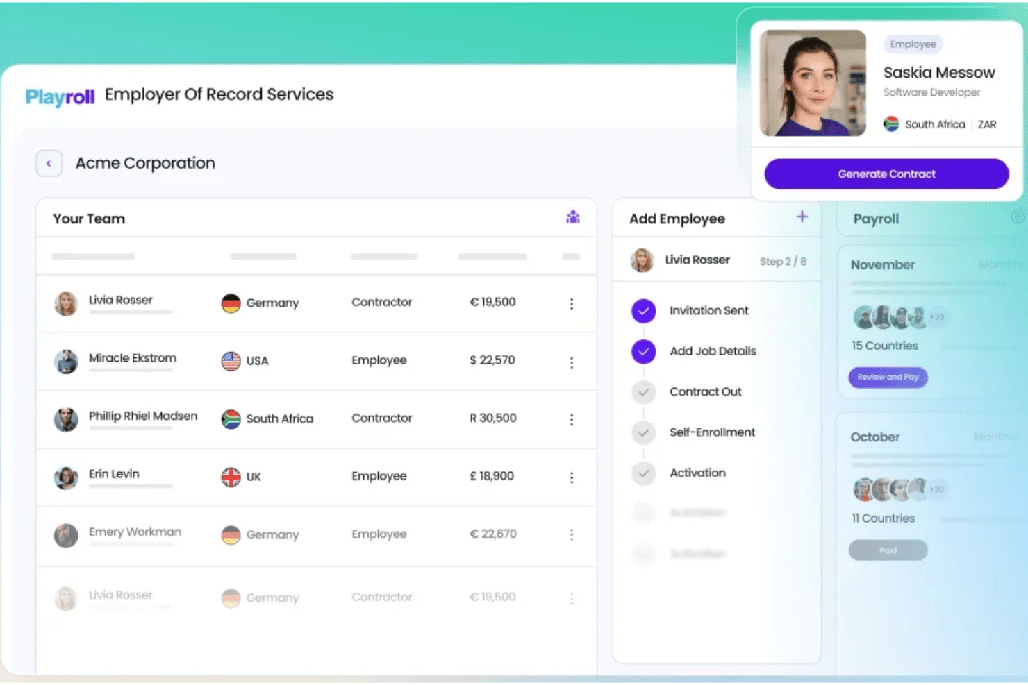 Playroll dashboard showing team members, countries, pay, and employee onboarding steps.