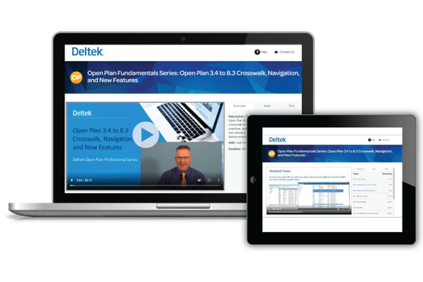 Laptop and tablet showing Deltek Open Plan training video interface.