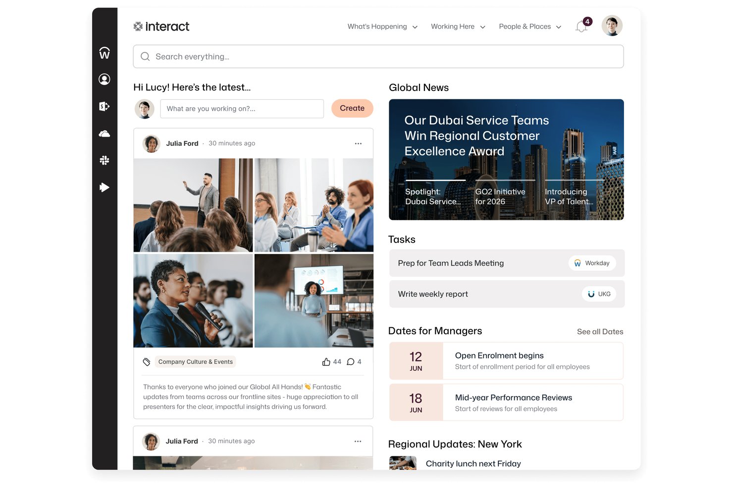 Interact-intranätets startsida med nyheter, socialt flöde, uppgifter och chefsdatum.