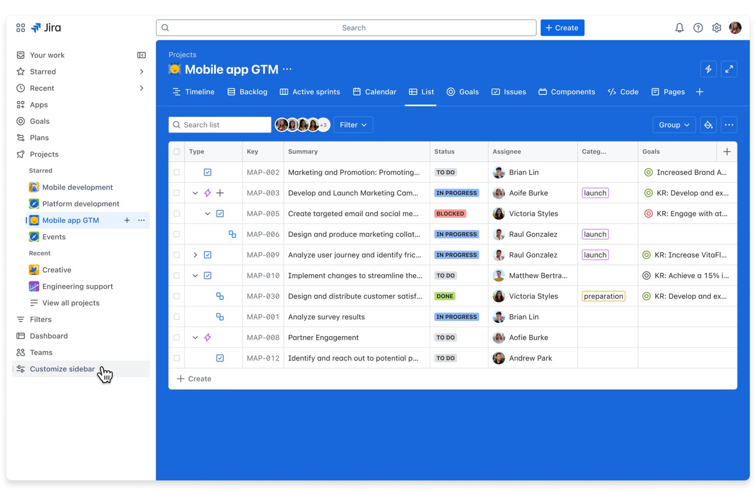 Jira list view showing Mobile app GTM project tasks with status and assignee columns.