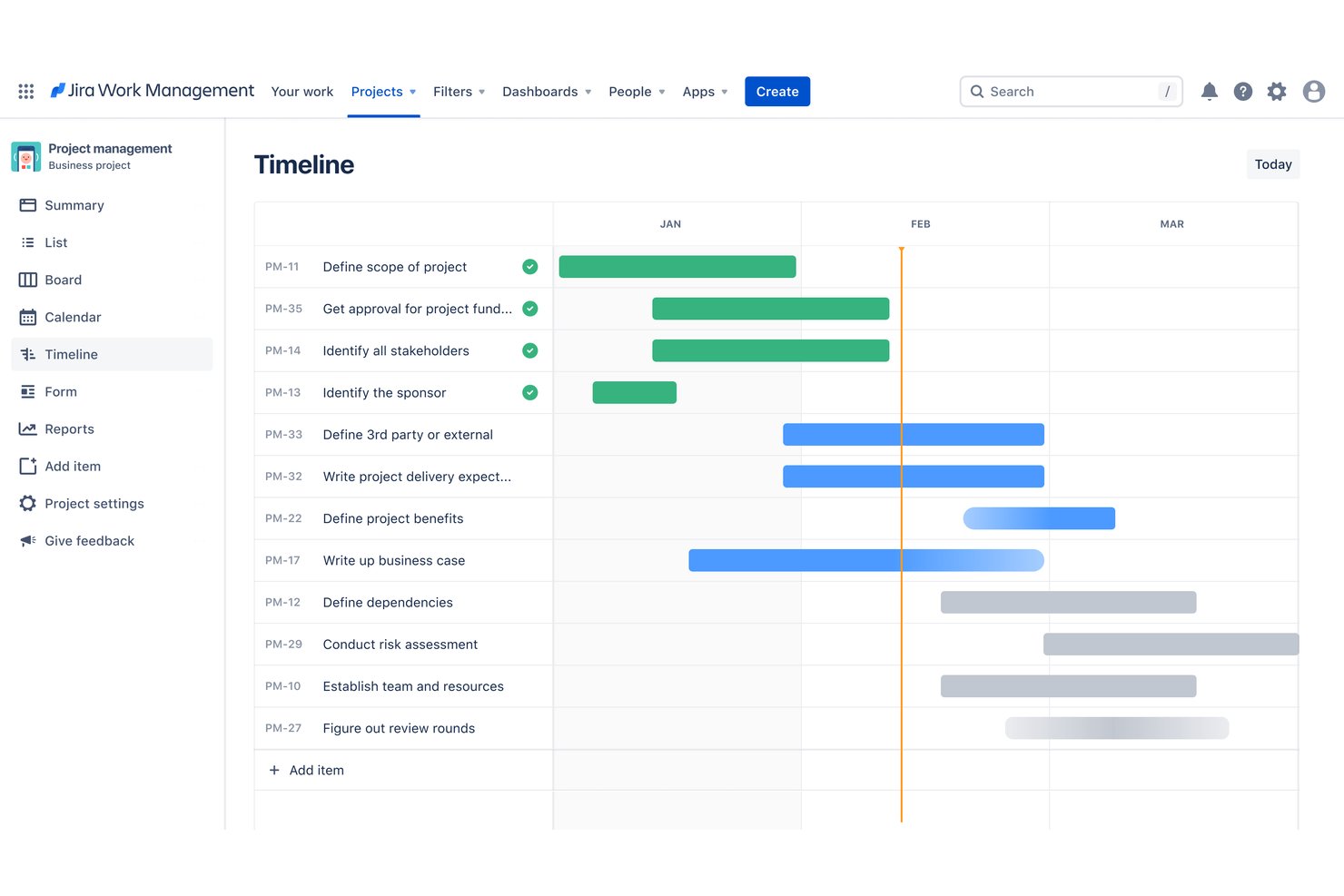 Jira Work Management timeline view showing project tasks across January to March.