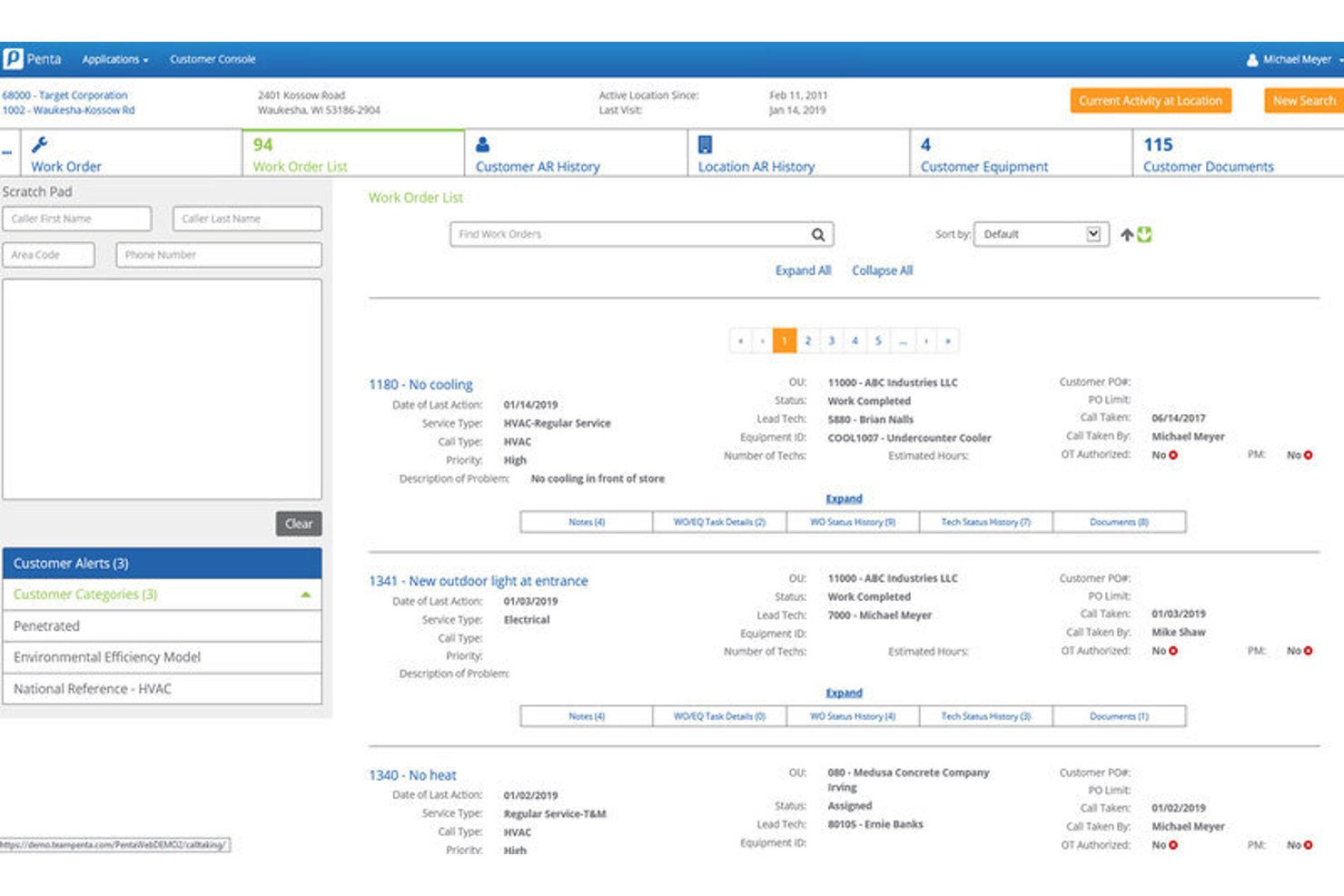 PENTA work order list screen showing customer service records and status details.