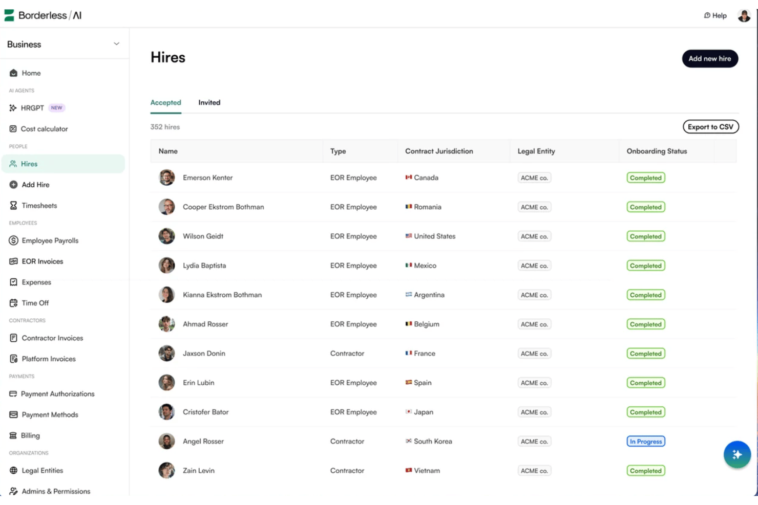 Borderless AI Hires dashboard listing 352 employees and contractors with onboarding status.