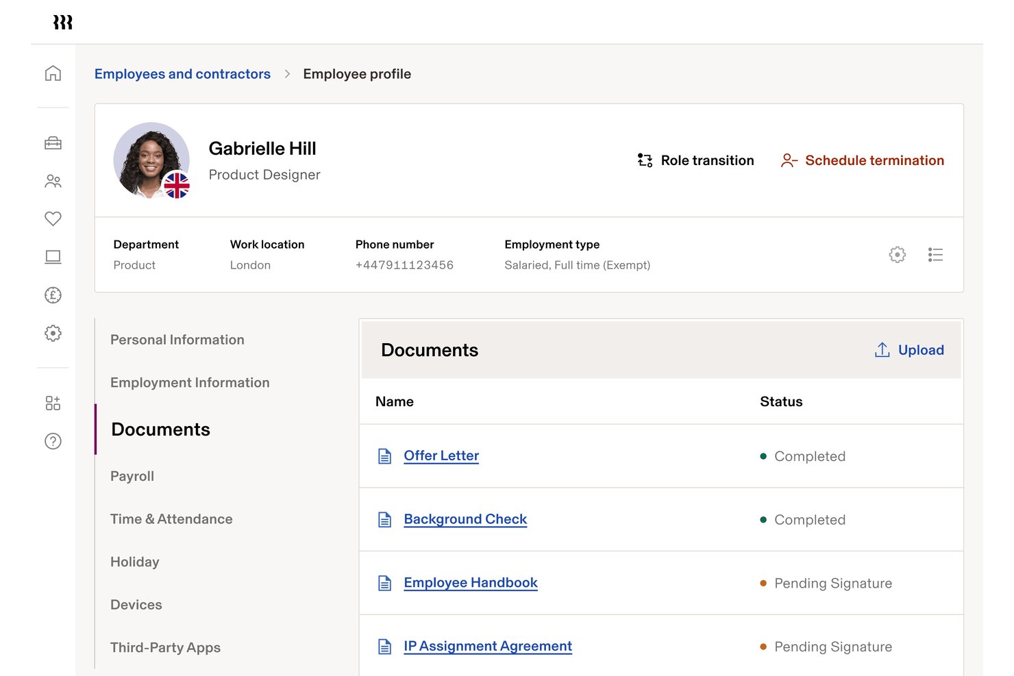 Rippling employee profile showing documents with completed and pending signature statuses.