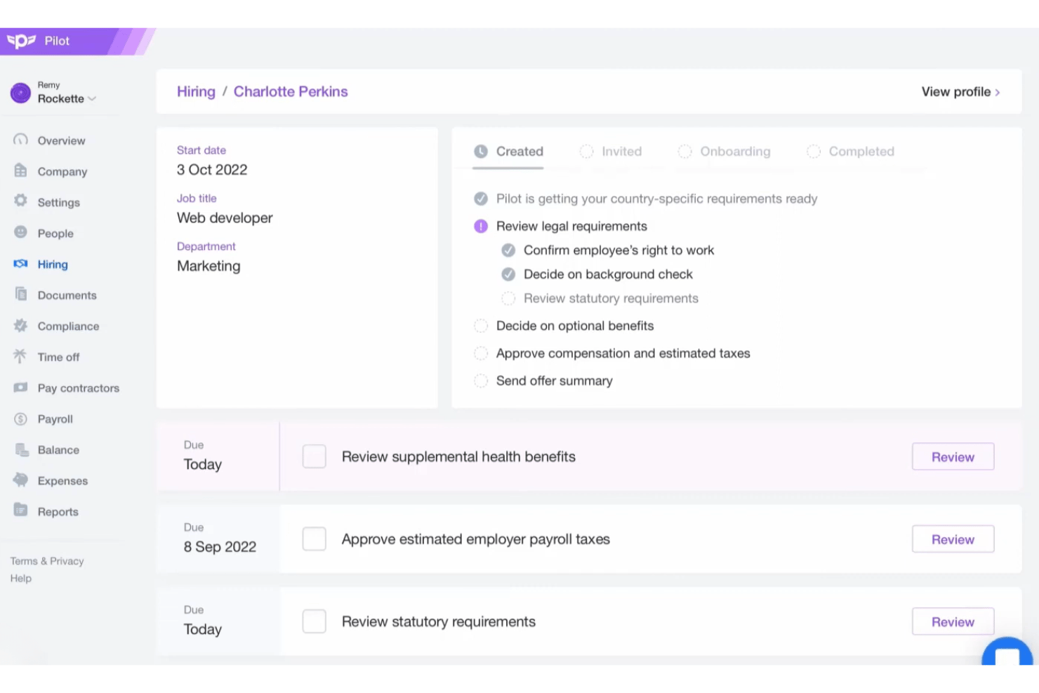 Pilot hiring dashboard showing Charlotte Perkins onboarding checklist and pending tasks.