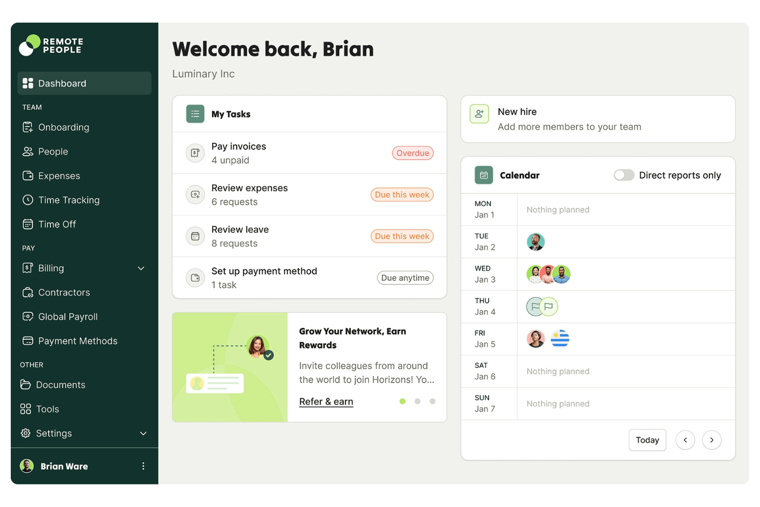 Remote People dashboard showing tasks, calendar, and team management options.