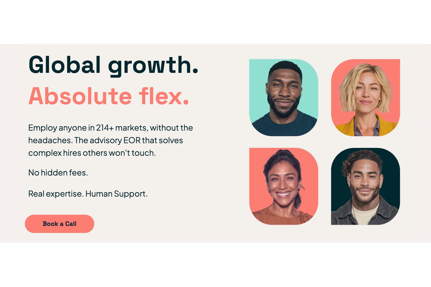Publicité montrant quatre personnes diverses et un texte sur les services mondiaux de recrutement EOR.