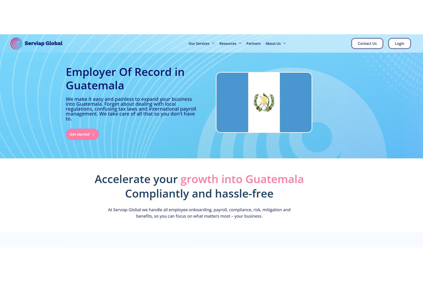 Page d’accueil de l’employeur officiel Serviap Global au Guatemala avec un visuel de drapeau.