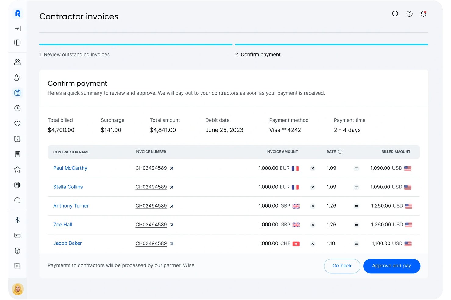 Remote contractor invoices payment confirmation screen showing five contractor payments in EUR, GBP, and CHF totaling $4,841.00 USD.