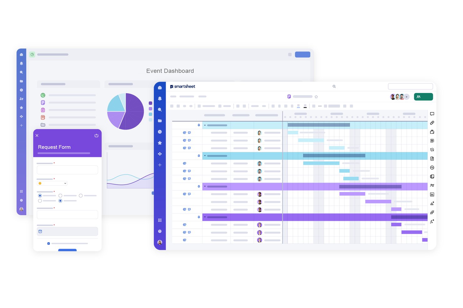 Smartsheet event dashboard with Gantt chart, request form, and pie chart.