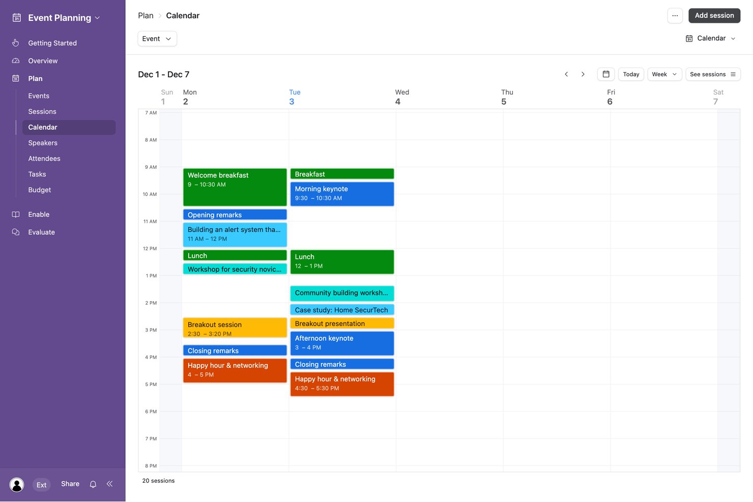Airtable event planning calendar showing sessions scheduled across Monday and Tuesday.