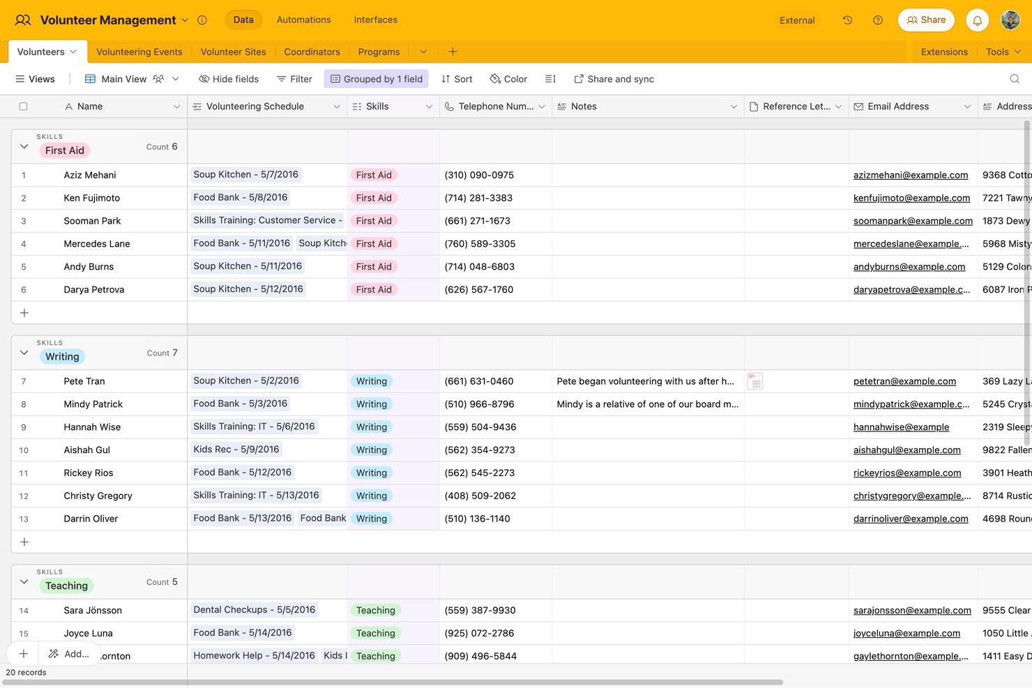 Airtable volunteer management database grouped by skills with contact details.