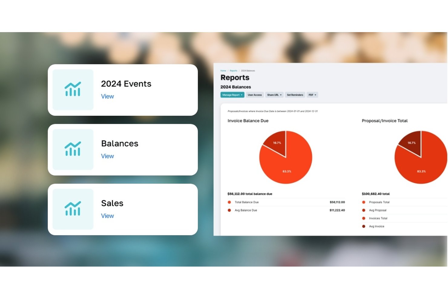 Planning Pod reports dashboard showing two pie charts for invoice balances and totals.