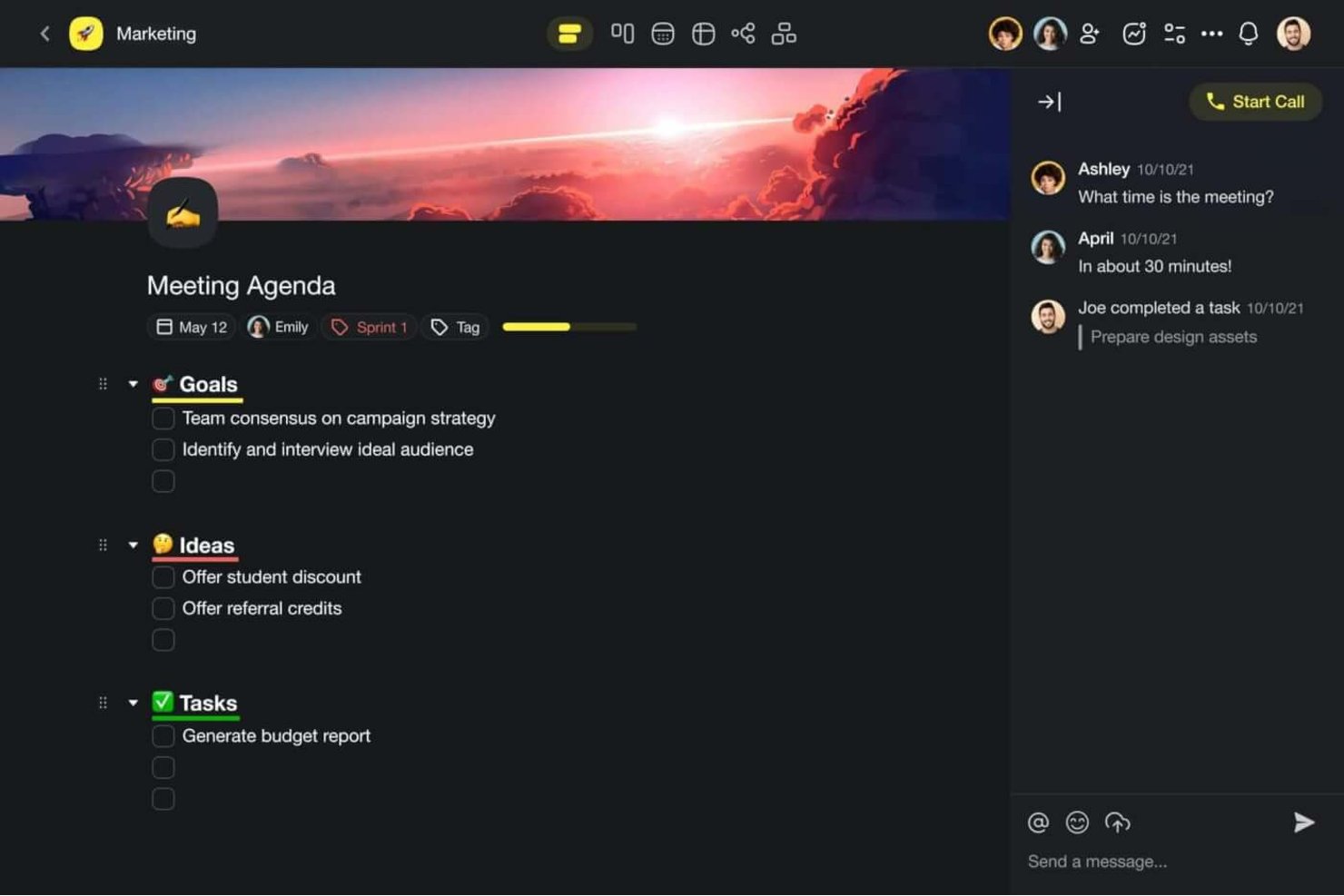 Taskade meeting agenda with goals, ideas, and tasks sections in dark mode.